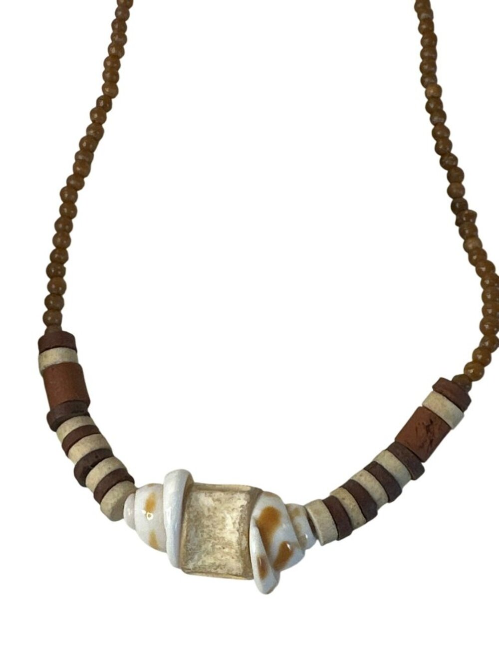 Handmade Beaded Necklace Earth Tone Seashell Tribal Beach Core Choker 15"